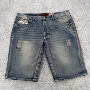 GS-115 Premium Denim Shorts Mens 40 Blue Distressed Faded Long Jean Shorts Y2K